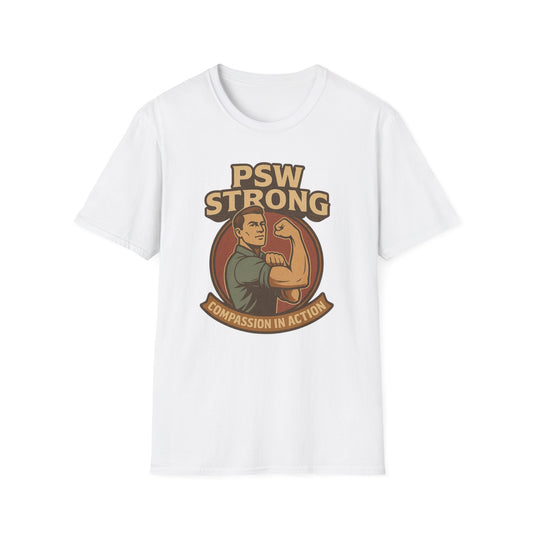 PSW Strong Compassion in Action t-shirt for men, design by Moonwoven by Luna , a part of her retro Care Givers Collection