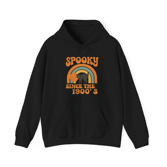 Spooky Since the 1900's , Retro Halloween Hooded Sweatshirt, Vintage Black Cat Graphic.