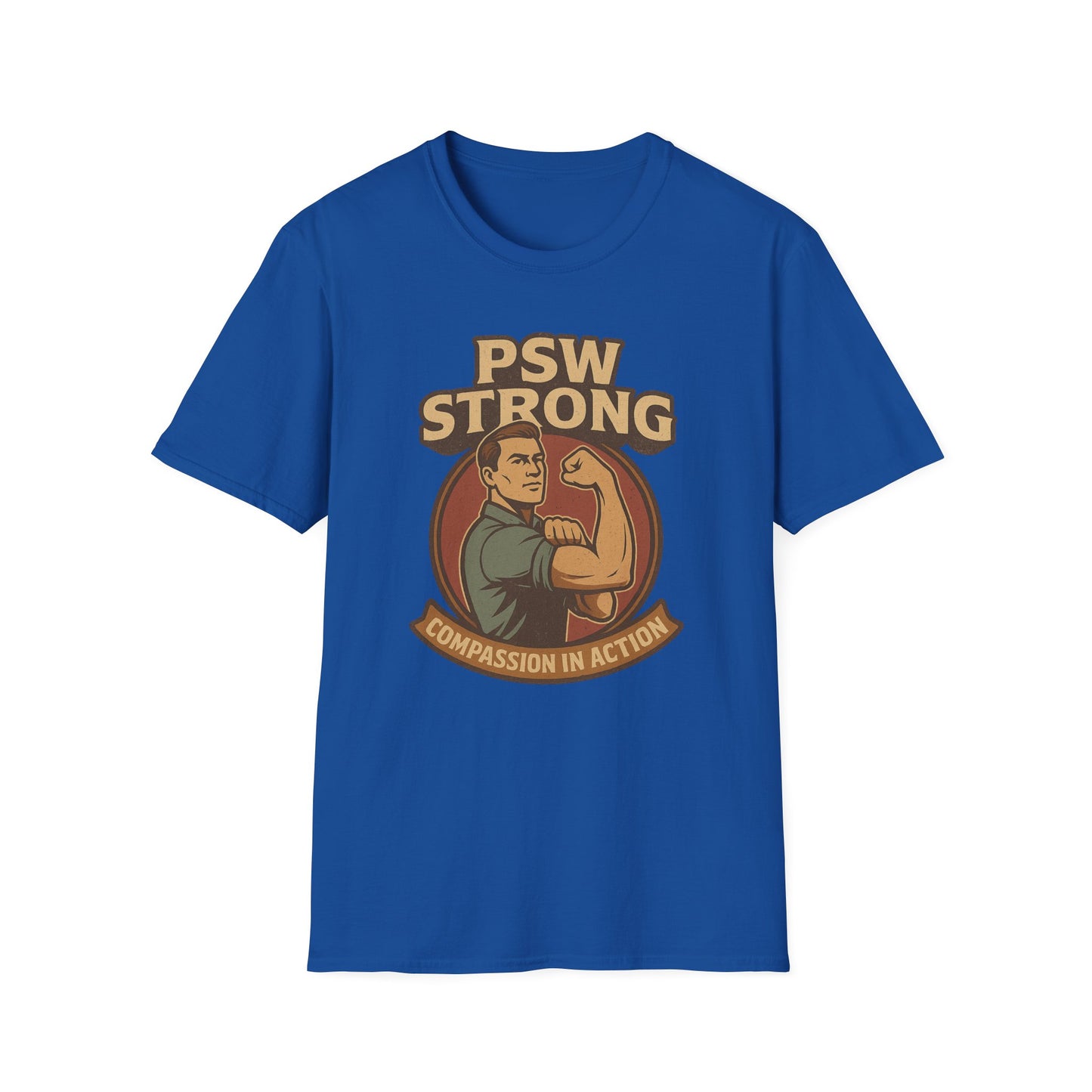 PSW Strong Compassion in Action t-shirt for men, design by Moonwoven by Luna , a part of her retro Care Givers Collection
