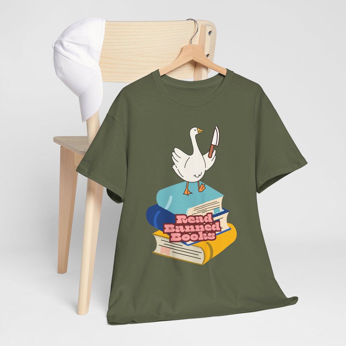 Read Banned Books, goosey with knife tee