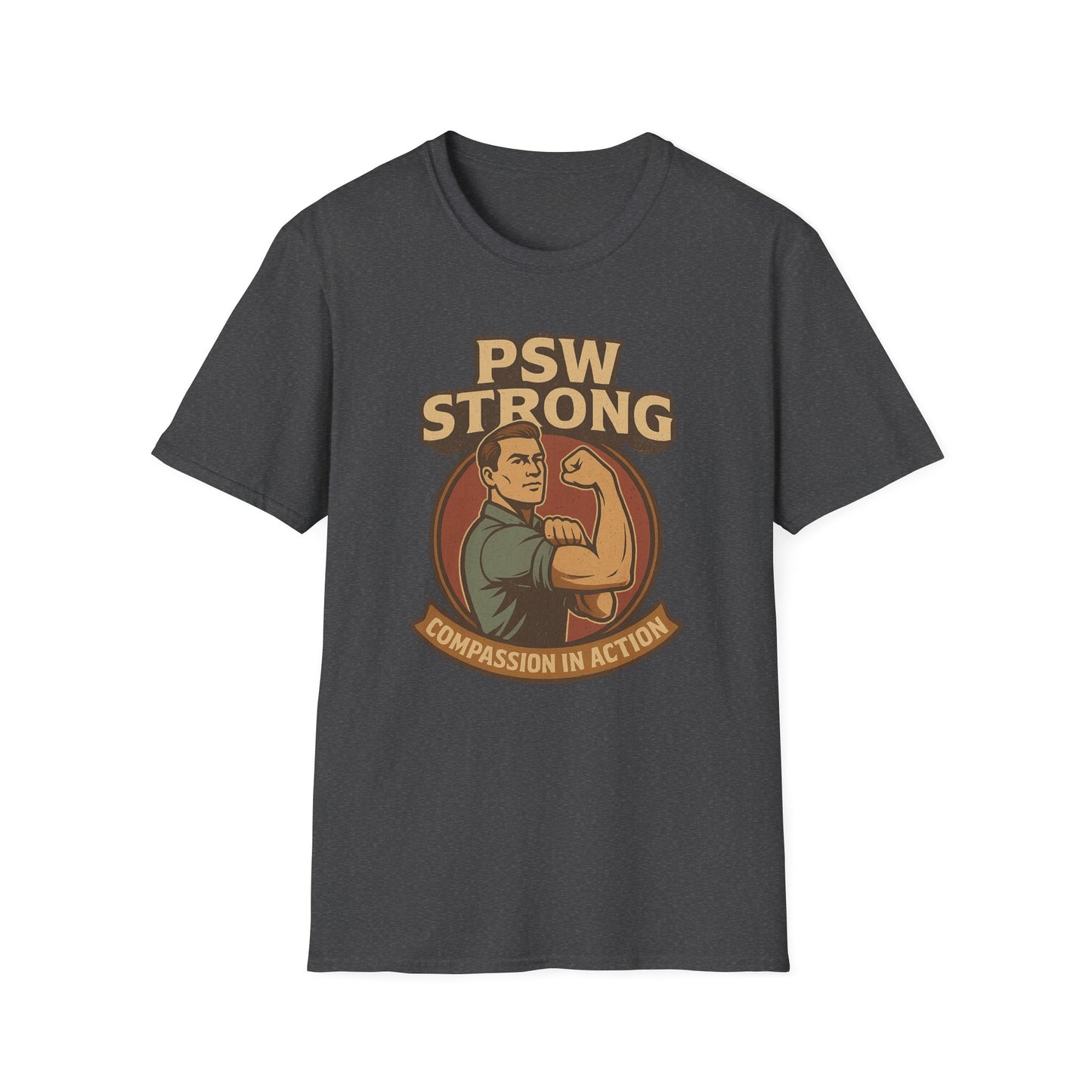 PSW Strong Compassion in Action t-shirt for men, design by Moonwoven by Luna , a part of her retro Care Givers Collection