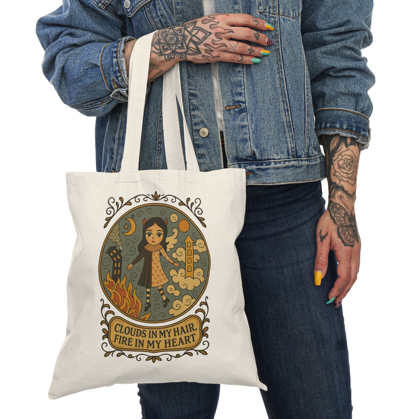 Original Art Tote Bag - "Clouds in My Hair, Fire in My Heart" - Eco-Friendly Carryall, Shopper Bag, Gift for Women, Boho Style, Art Tote