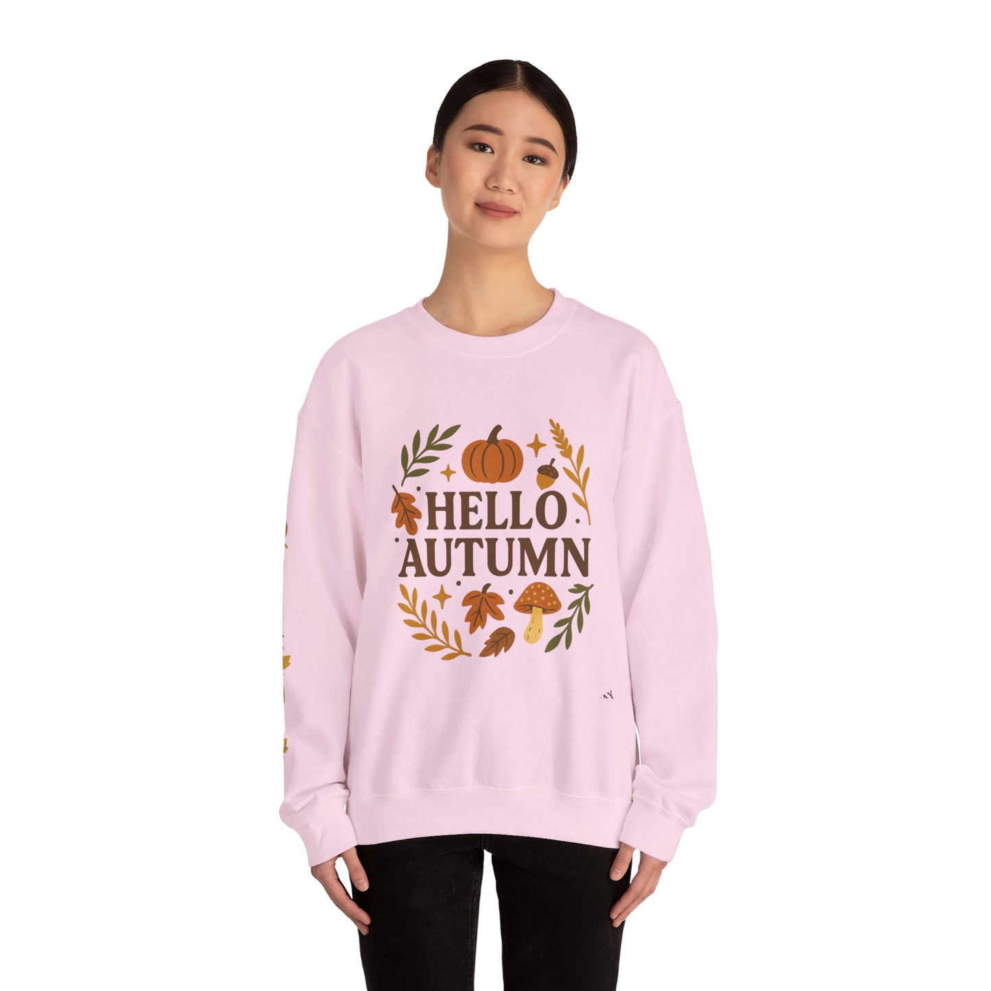 Hello Autumn , Cozy Fall Vibes Crewneck with Sleeve Leaf Detail