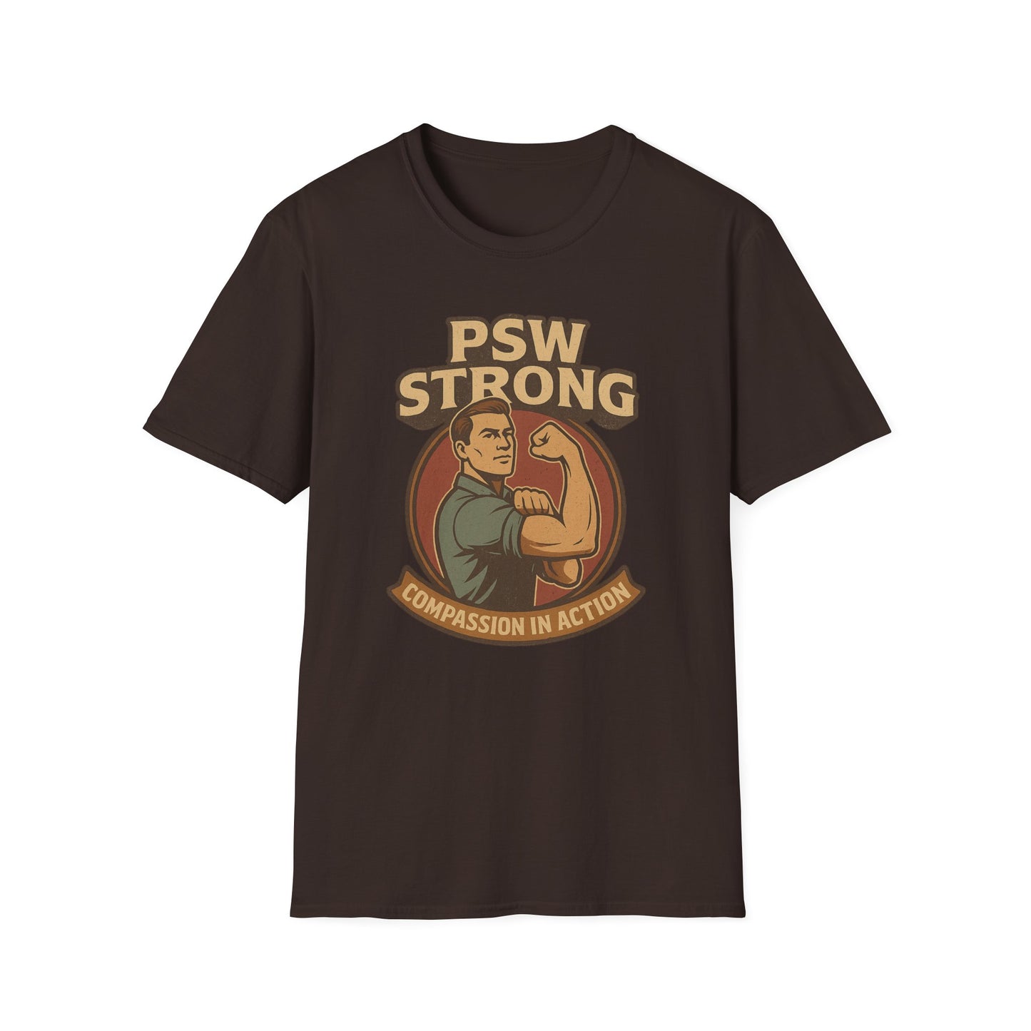 PSW Strong Compassion in Action t-shirt for men, design by Moonwoven by Luna , a part of her retro Care Givers Collection