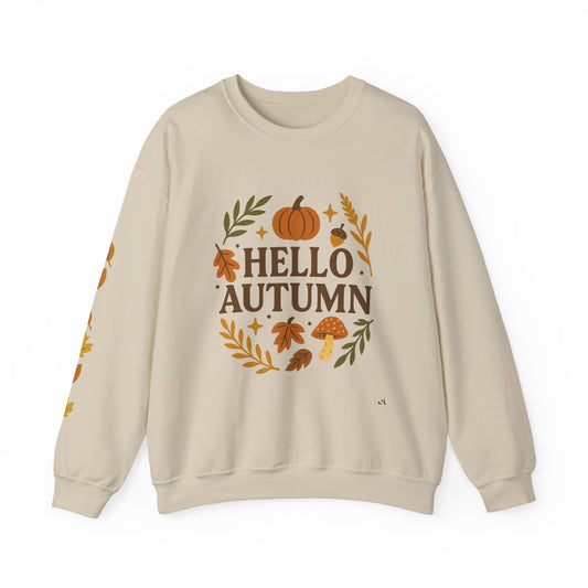 Hello Autumn , Cozy Fall Vibes Crewneck with Sleeve Leaf Detail