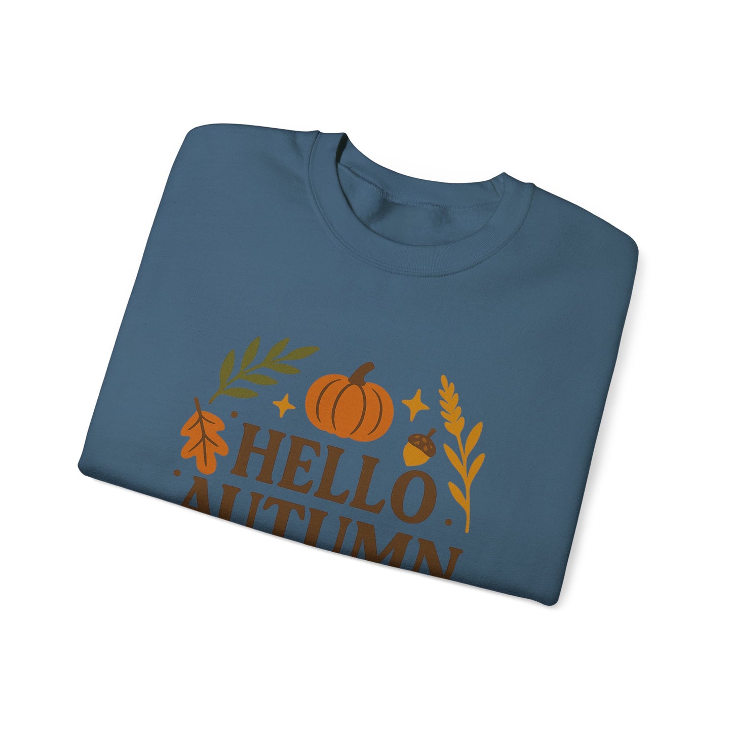 Hello Autumn , Cozy Fall Vibes Crewneck with Sleeve Leaf Detail
