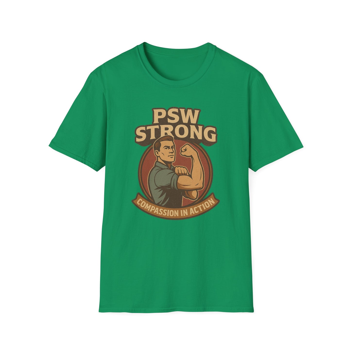 PSW Strong Compassion in Action t-shirt for men, design by Moonwoven by Luna , a part of her retro Care Givers Collection
