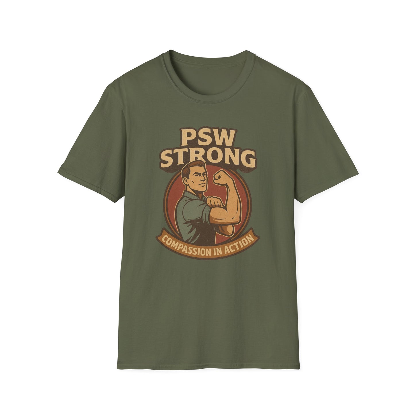 PSW Strong Compassion in Action t-shirt for men, design by Moonwoven by Luna , a part of her retro Care Givers Collection