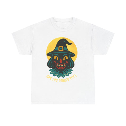 Are You Scared Yet? Whimsical Halloween Tee, Unisex Heavy Cotton T-Shirt, Scary Clown Design, Fun Halloween Apparel, Spooky Gift for Friends