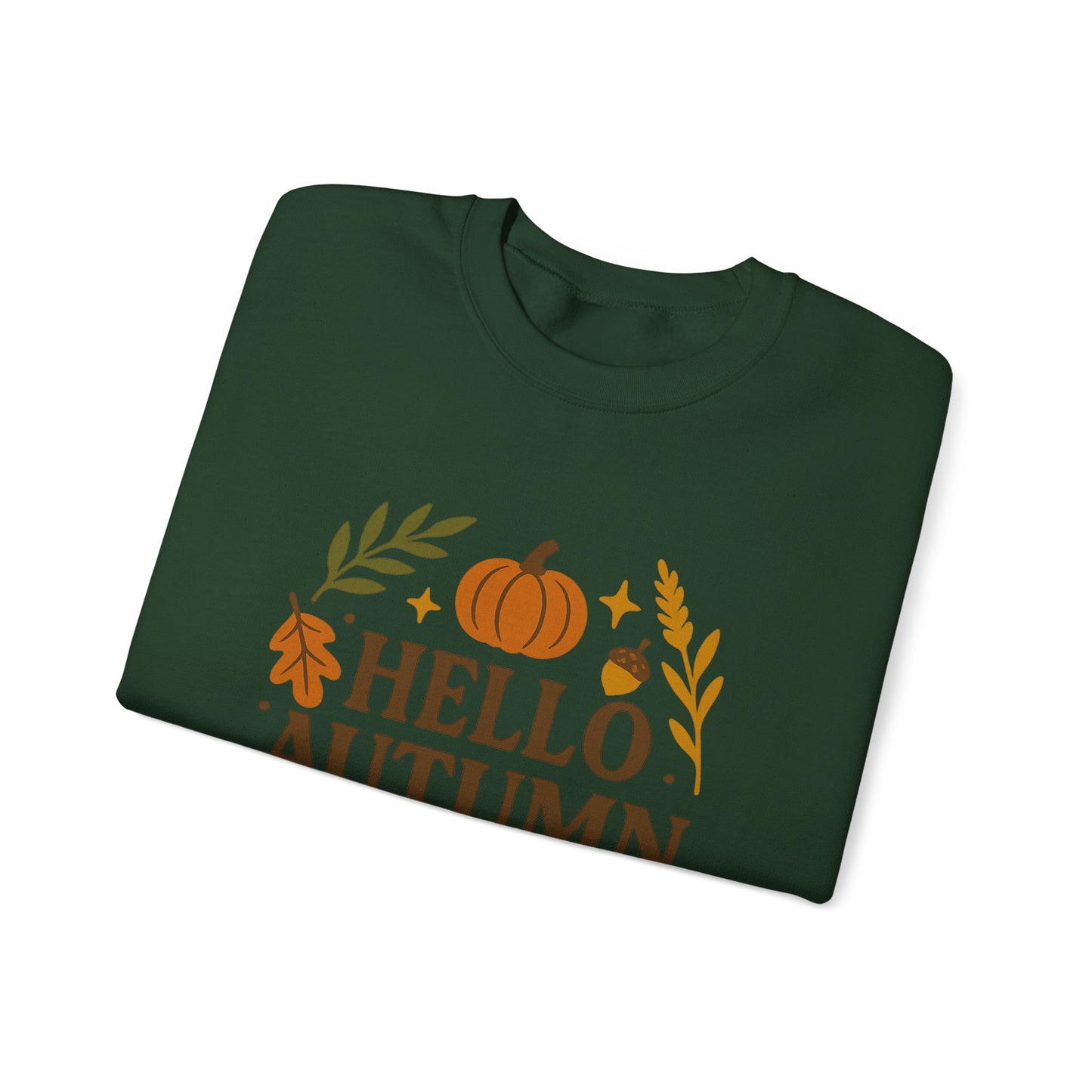 Hello Autumn , Cozy Fall Vibes Crewneck with Sleeve Leaf Detail