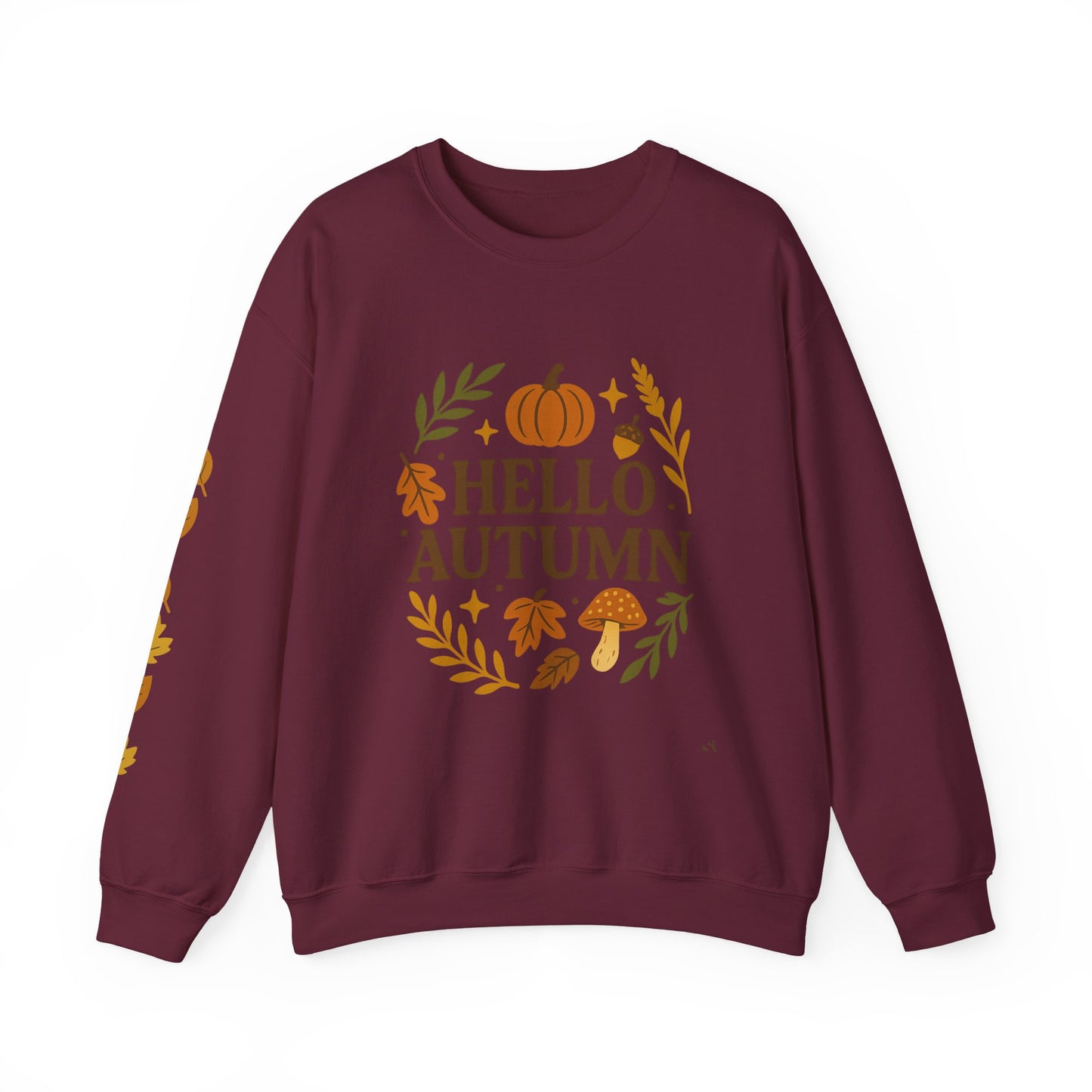 Hello Autumn , Cozy Fall Vibes Crewneck with Sleeve Leaf Detail