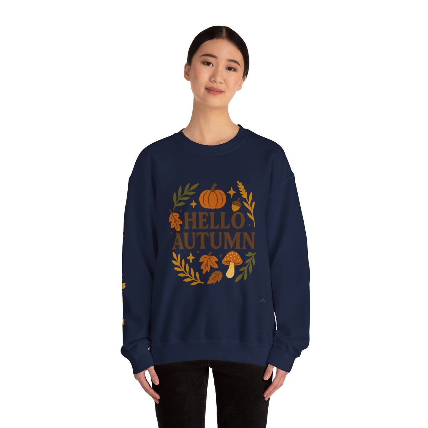 Hello Autumn , Cozy Fall Vibes Crewneck with Sleeve Leaf Detail