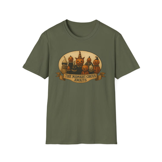 The Midnight Circus Awaits , Unisex T-Shirt, Moonwoven Luna Tee, Softstyle Graphic Shirt, Dark Circus Clothing, Mystical Festival Top