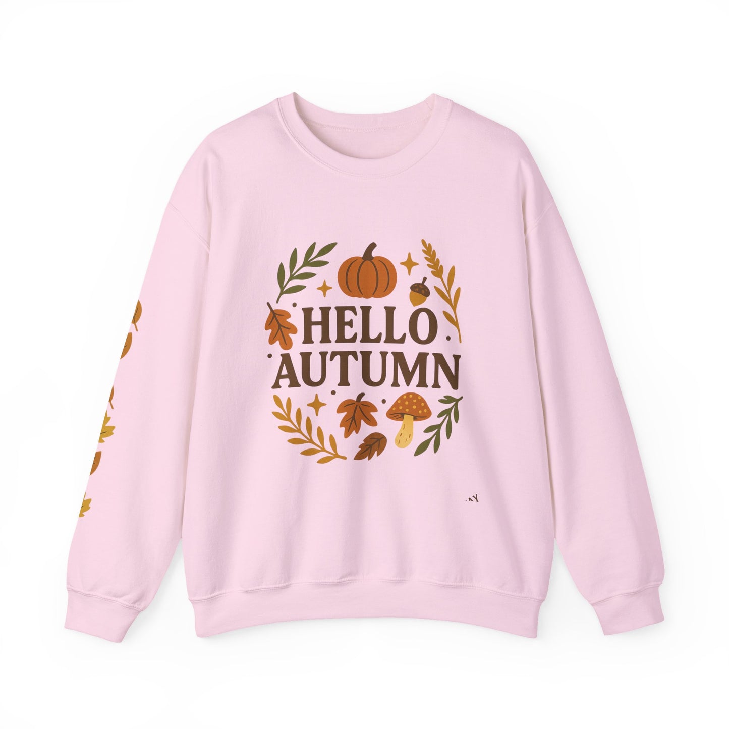 Hello Autumn , Cozy Fall Vibes Crewneck with Sleeve Leaf Detail