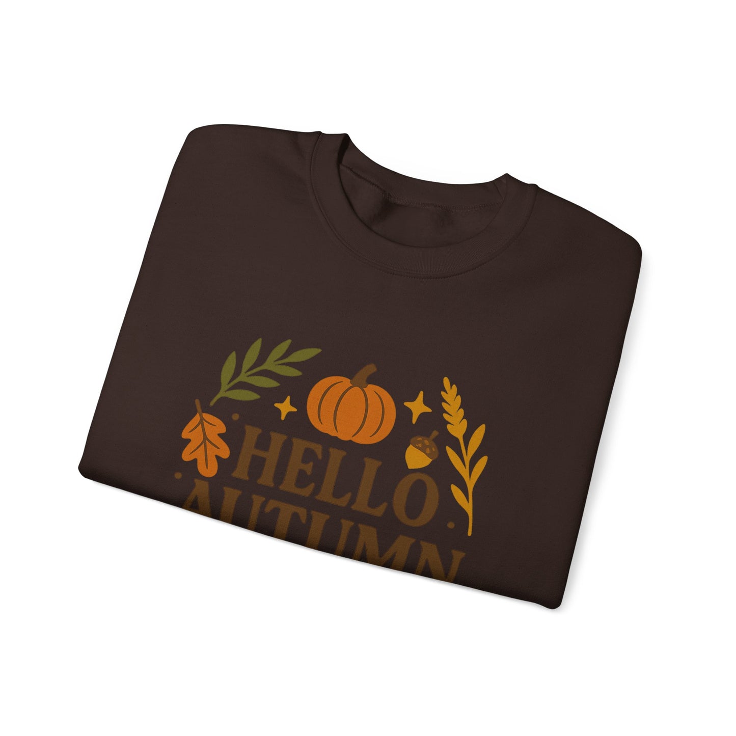 Hello Autumn , Cozy Fall Vibes Crewneck with Sleeve Leaf Detail