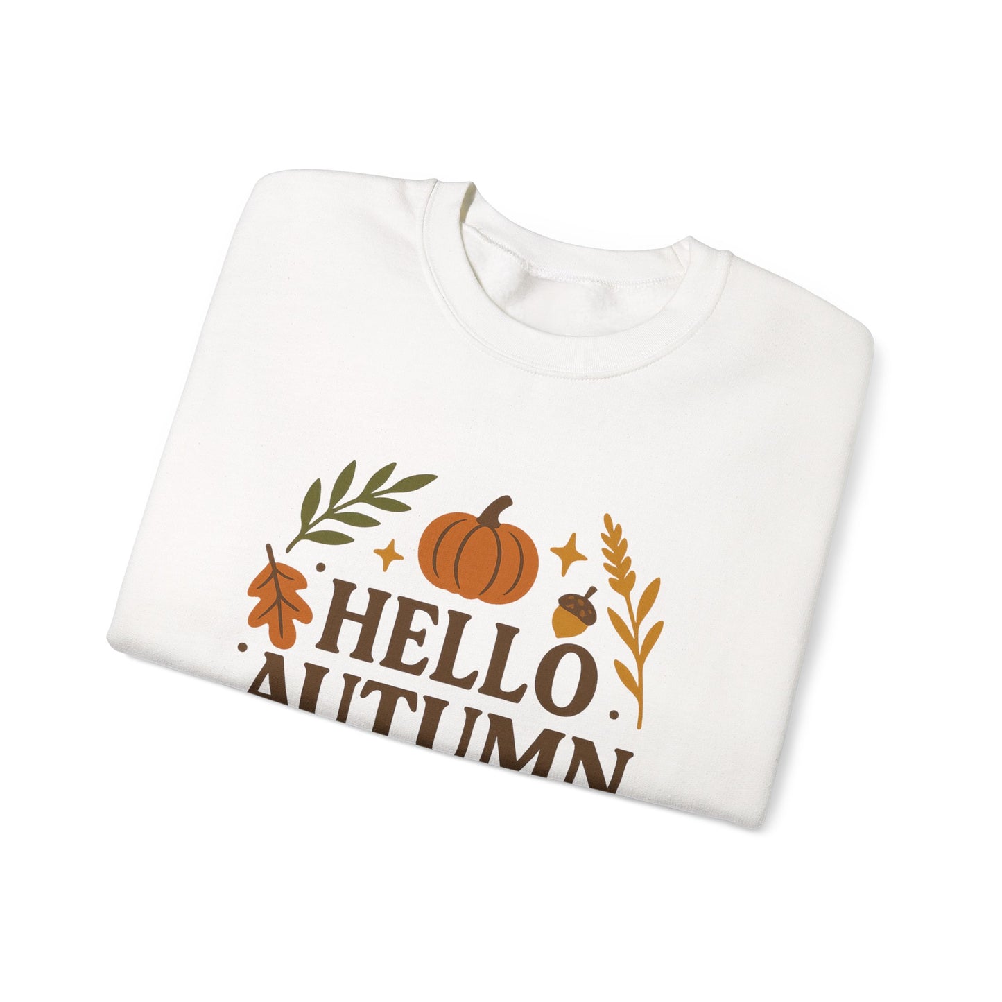 Hello Autumn , Cozy Fall Vibes Crewneck with Sleeve Leaf Detail