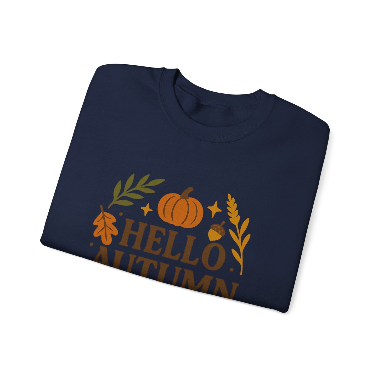 Hello Autumn , Cozy Fall Vibes Crewneck with Sleeve Leaf Detail