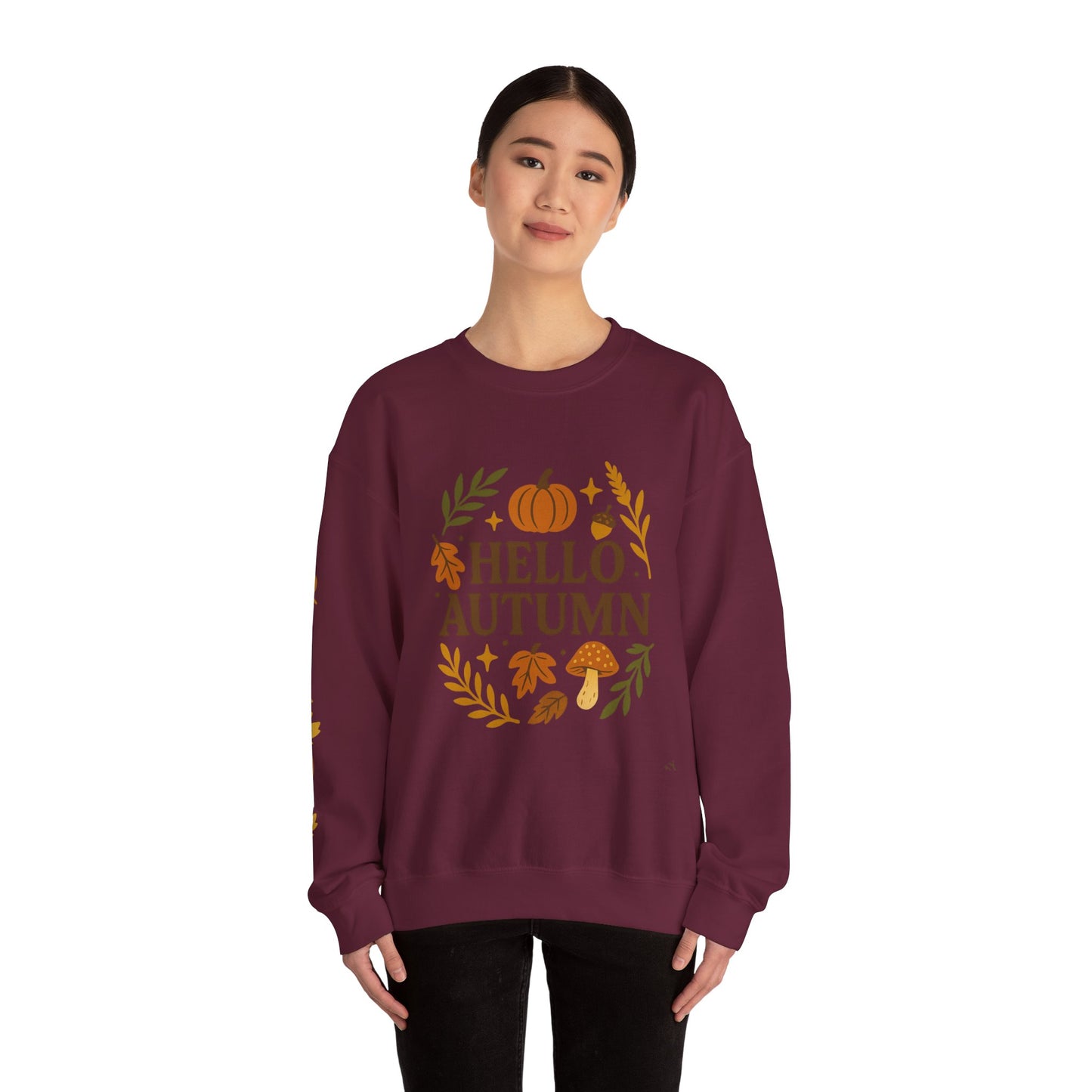 Hello Autumn , Cozy Fall Vibes Crewneck with Sleeve Leaf Detail