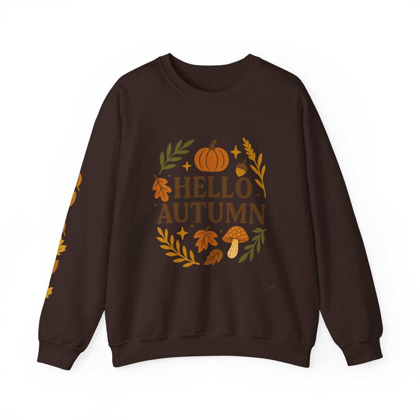 Hello Autumn , Cozy Fall Vibes Crewneck with Sleeve Leaf Detail