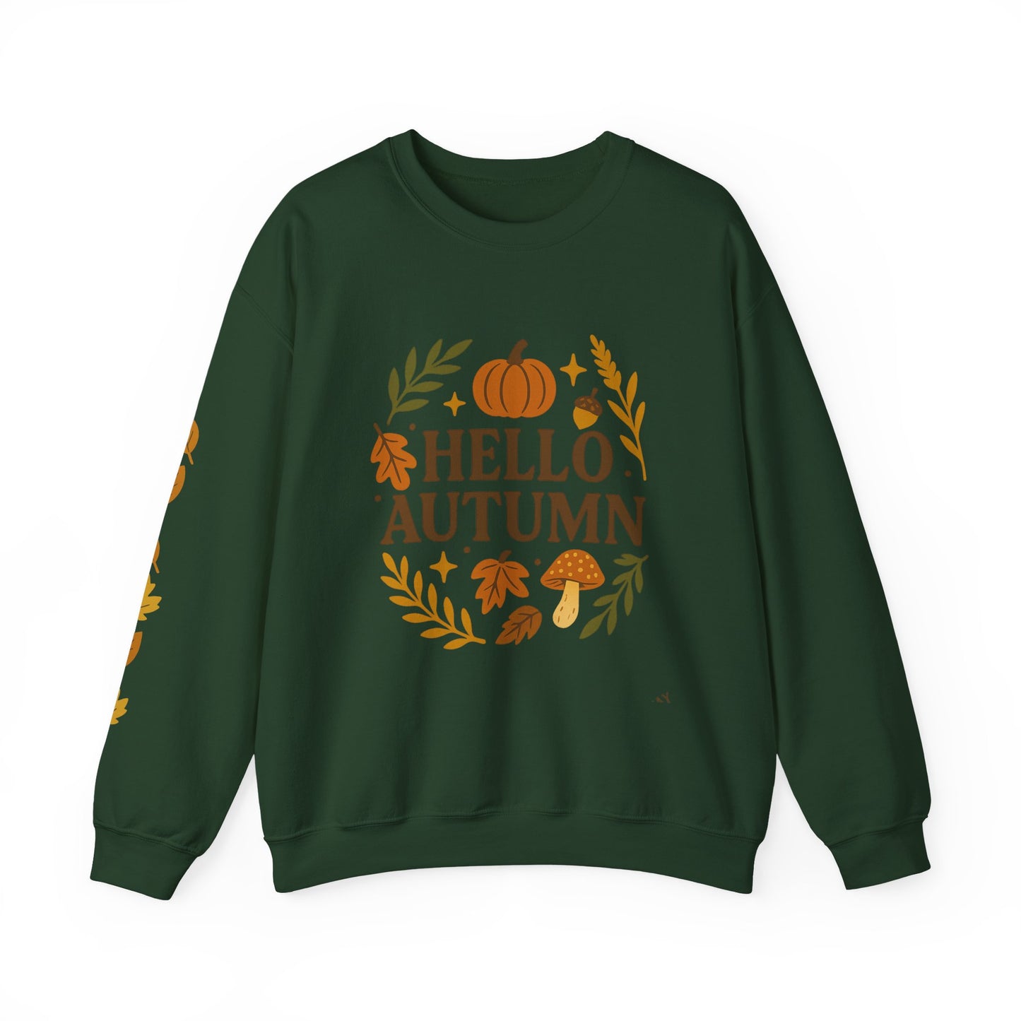 Hello Autumn , Cozy Fall Vibes Crewneck with Sleeve Leaf Detail