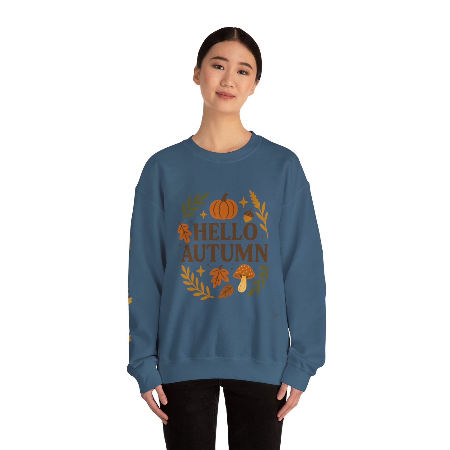 Hello Autumn , Cozy Fall Vibes Crewneck with Sleeve Leaf Detail