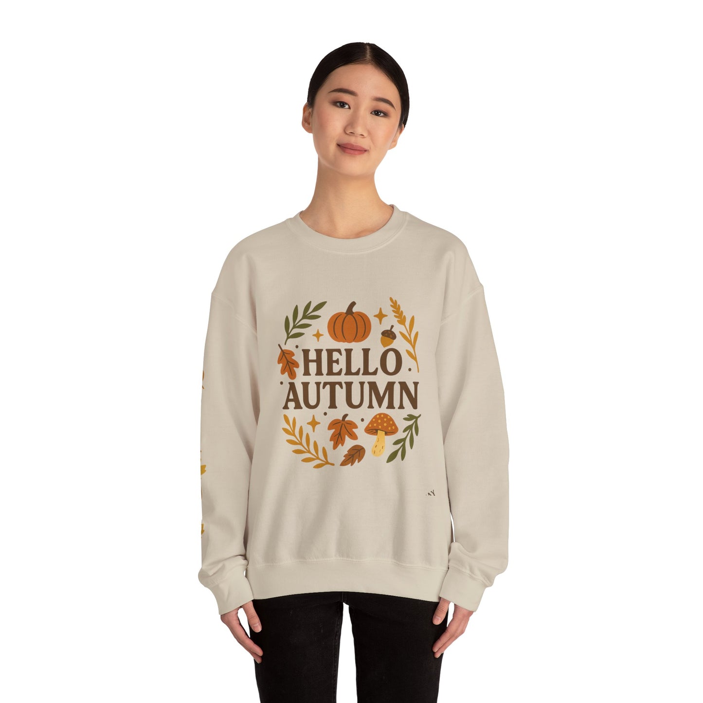Hello Autumn , Cozy Fall Vibes Crewneck with Sleeve Leaf Detail