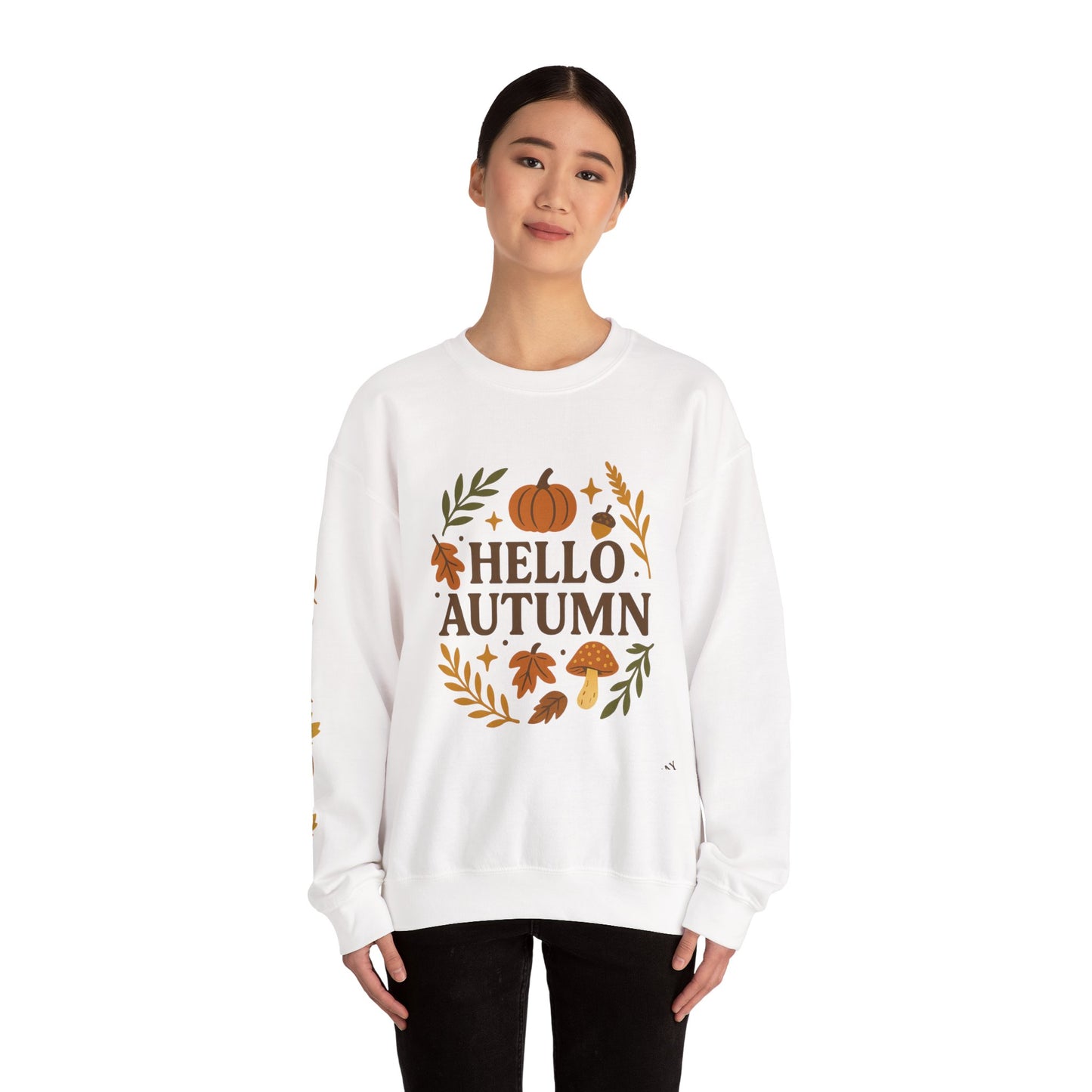 Hello Autumn , Cozy Fall Vibes Crewneck with Sleeve Leaf Detail