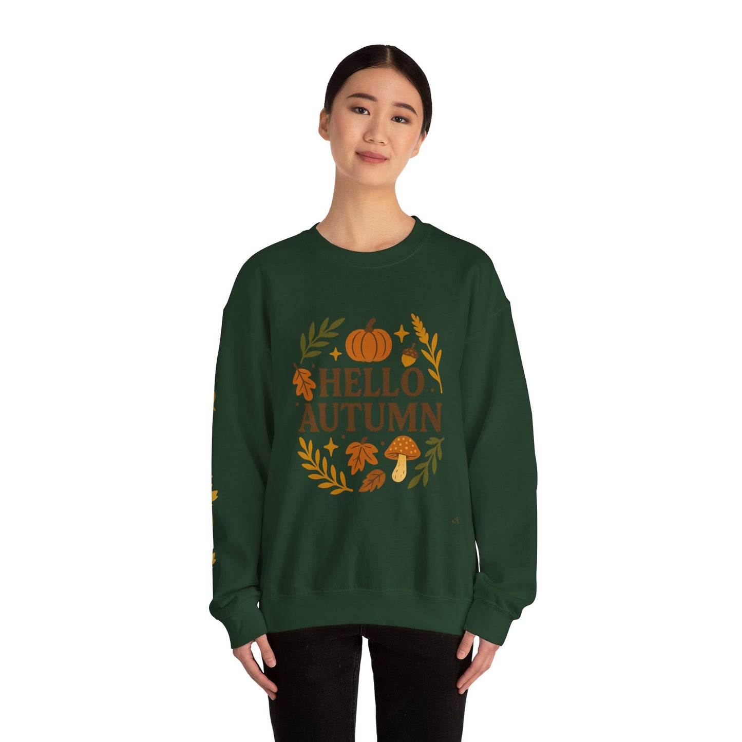 Hello Autumn , Cozy Fall Vibes Crewneck with Sleeve Leaf Detail