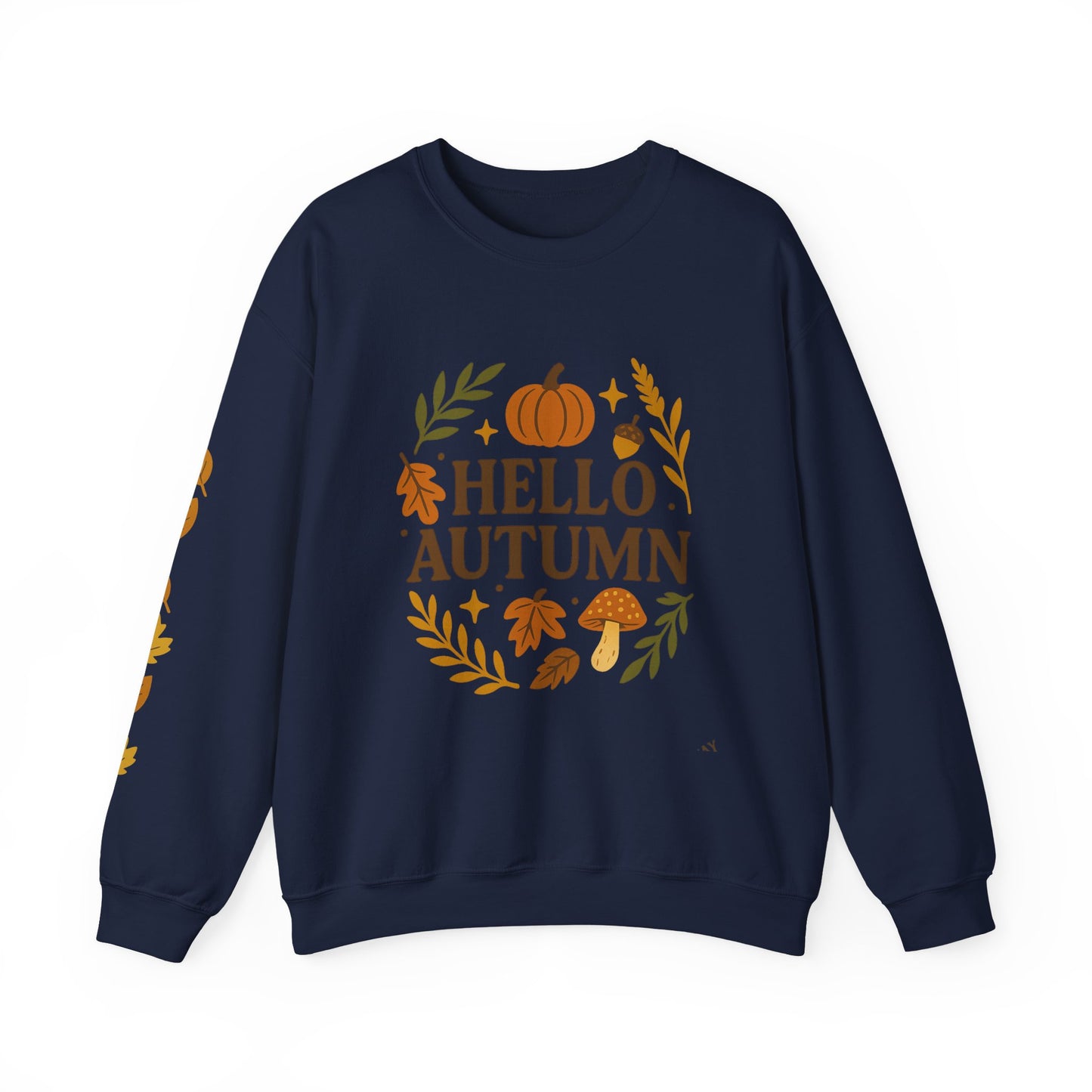 Hello Autumn , Cozy Fall Vibes Crewneck with Sleeve Leaf Detail
