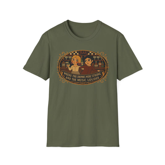 Where the Drinks were Strong and the Music Louder T-Shirt - Perfect for Festivals, Music Lovers , Gifts for Friends, Unisex Softstyle Tee
