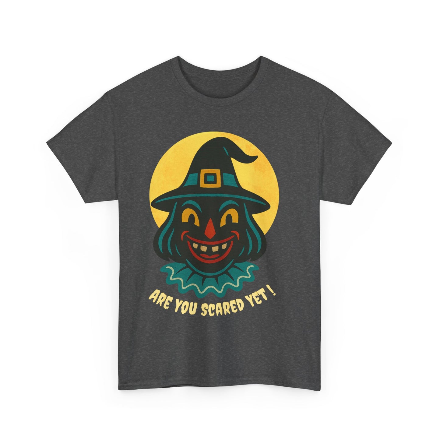 Are You Scared Yet? Whimsical Halloween Tee, Unisex Heavy Cotton T-Shirt, Scary Clown Design, Fun Halloween Apparel, Spooky Gift for Friends