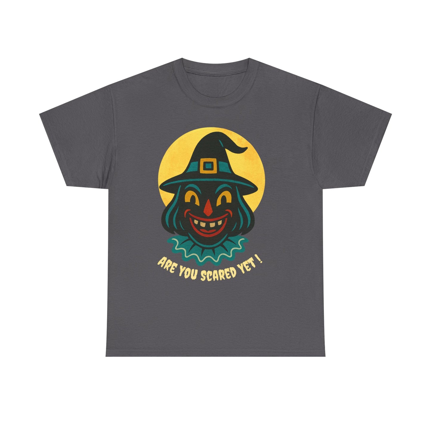 Are You Scared Yet? Whimsical Halloween Tee, Unisex Heavy Cotton T-Shirt, Scary Clown Design, Fun Halloween Apparel, Spooky Gift for Friends