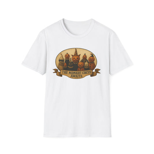 The Midnight Circus Awaits , Unisex T-Shirt, Moonwoven Luna Tee, Softstyle Graphic Shirt, Dark Circus Clothing, Mystical Festival Top