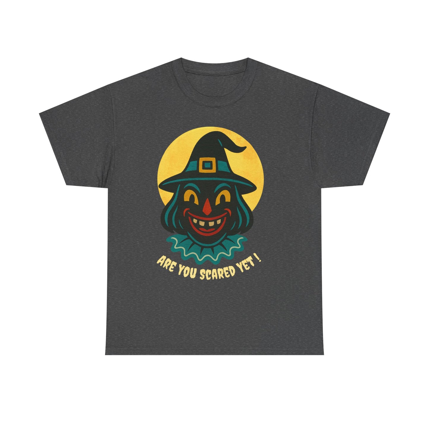 Are You Scared Yet? Whimsical Halloween Tee, Unisex Heavy Cotton T-Shirt, Scary Clown Design, Fun Halloween Apparel, Spooky Gift for Friends