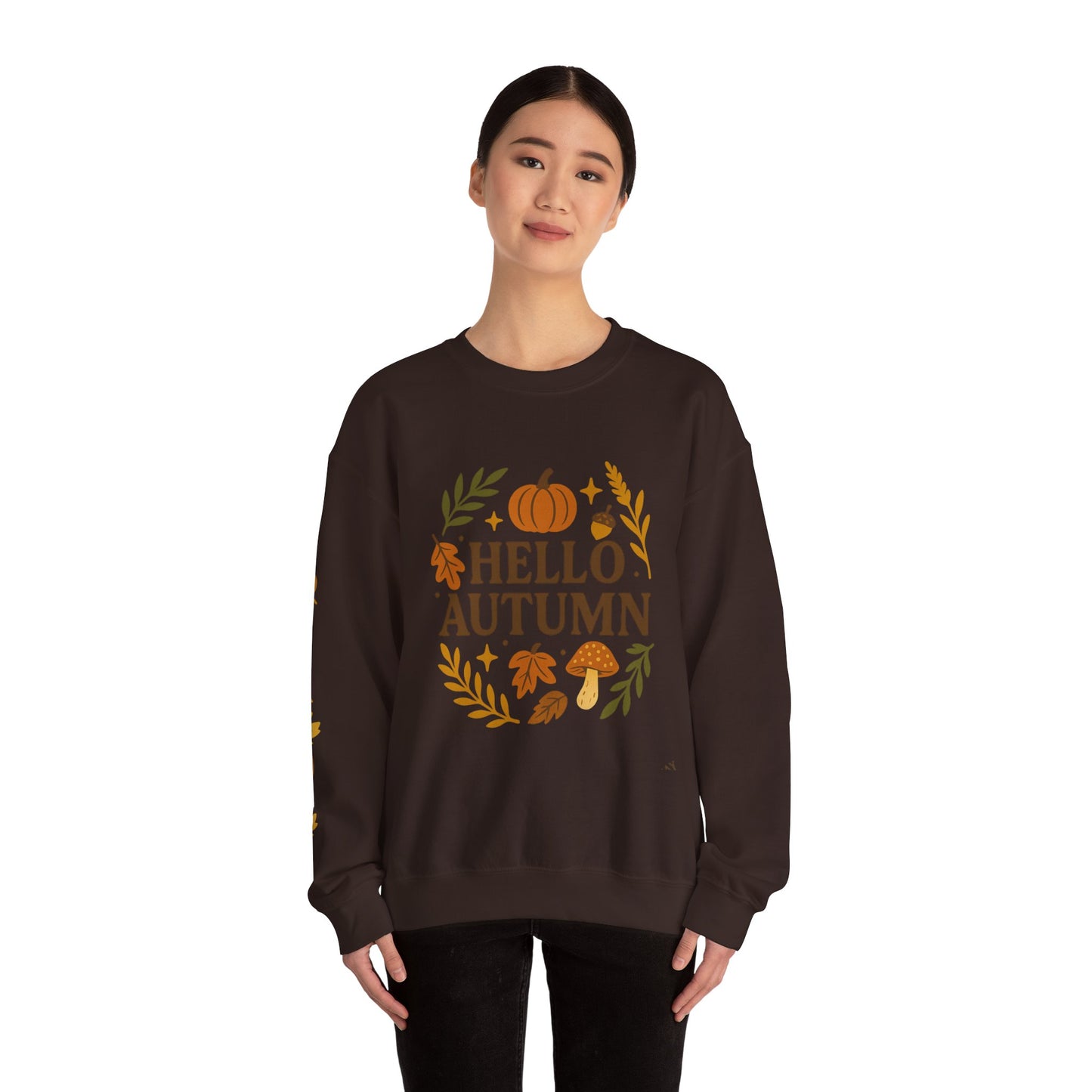 Hello Autumn , Cozy Fall Vibes Crewneck with Sleeve Leaf Detail