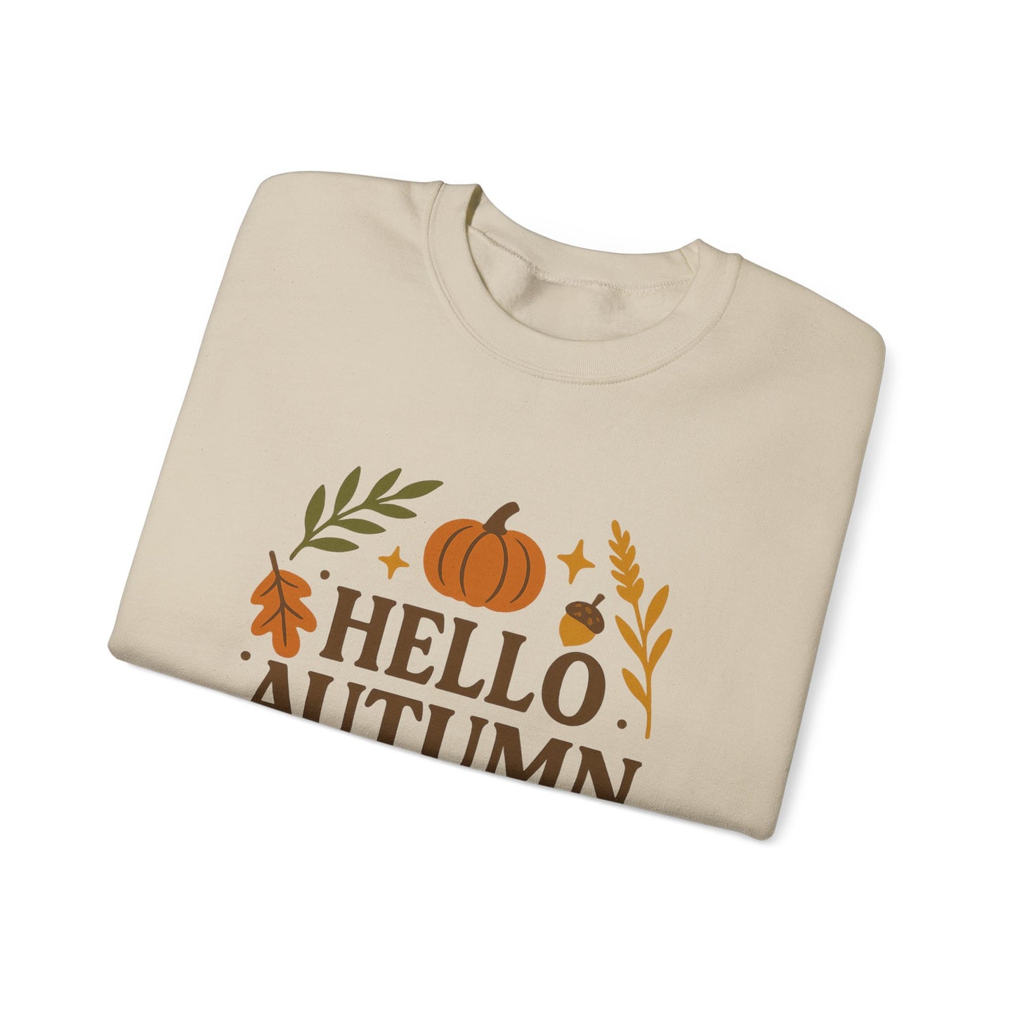 Hello Autumn , Cozy Fall Vibes Crewneck with Sleeve Leaf Detail