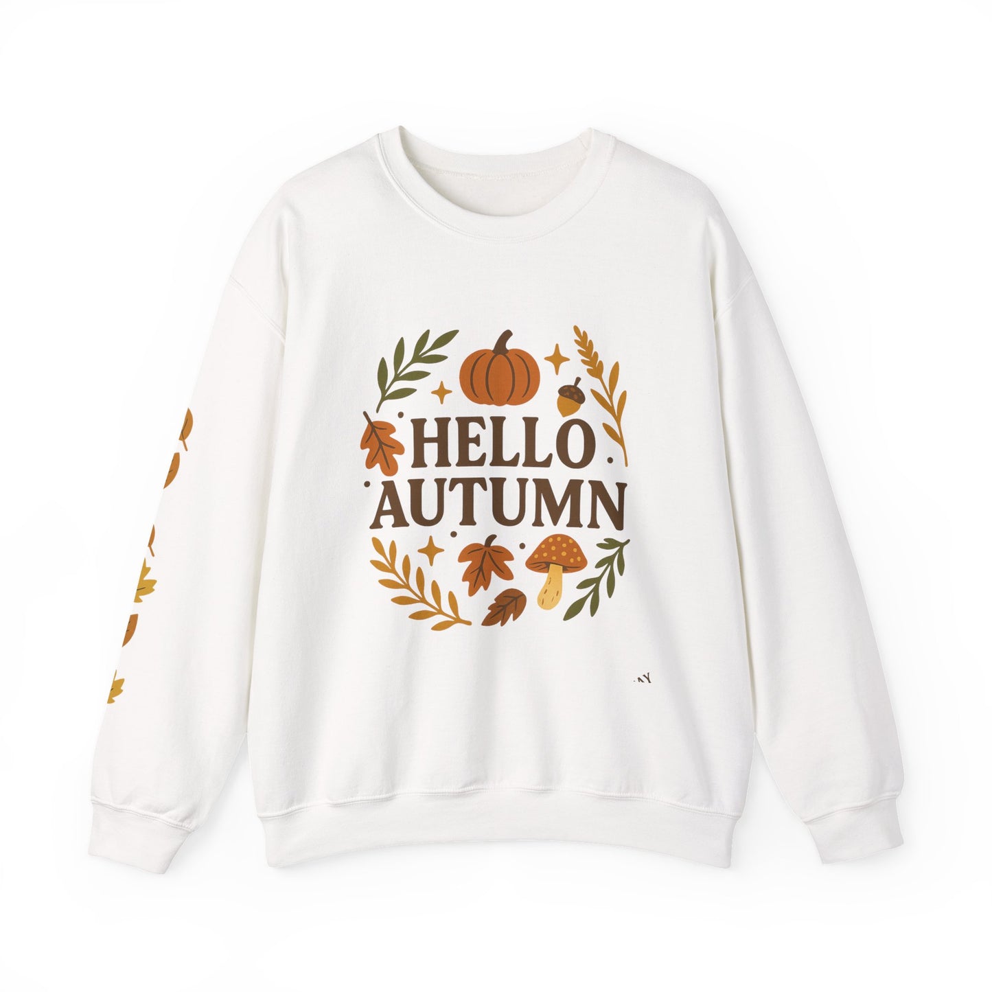 Hello Autumn , Cozy Fall Vibes Crewneck with Sleeve Leaf Detail
