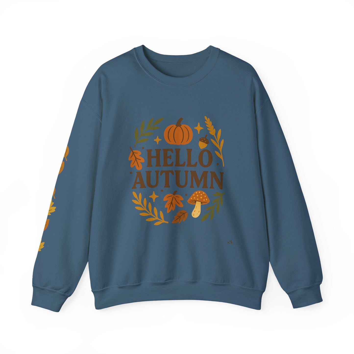 Hello Autumn , Cozy Fall Vibes Crewneck with Sleeve Leaf Detail
