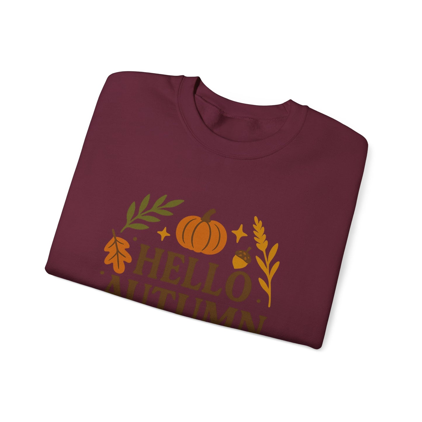 Hello Autumn , Cozy Fall Vibes Crewneck with Sleeve Leaf Detail